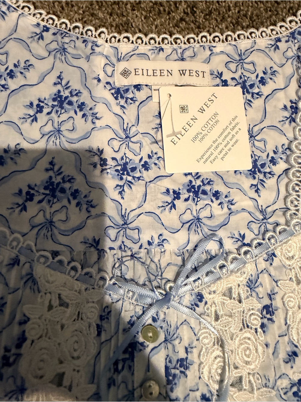 Eileen West Blue and White Floral Cotton Nightgown - Picture 3 of 5